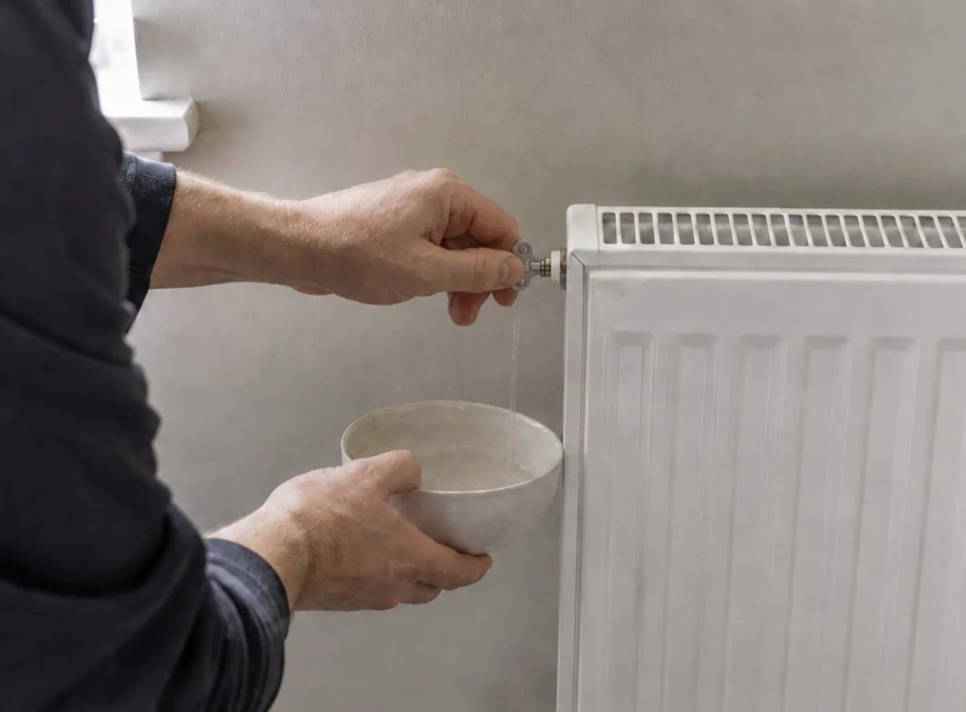 Luftning av radiator med luftnyckel och skål under luftventilen